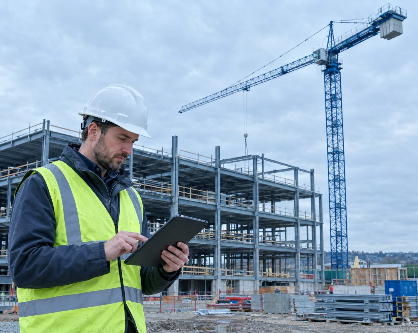 Site manager reviewing project progress on a tablet at a construction site
