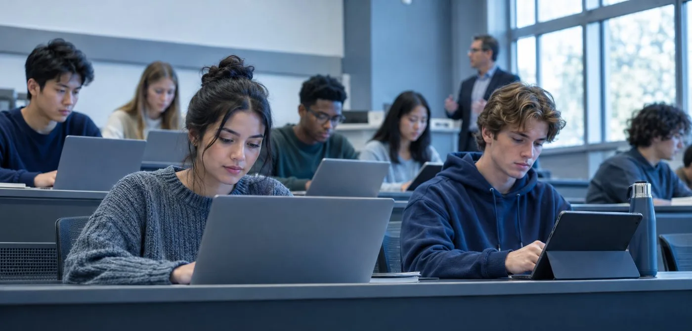 Students learning on laptops and tablets in a classroom