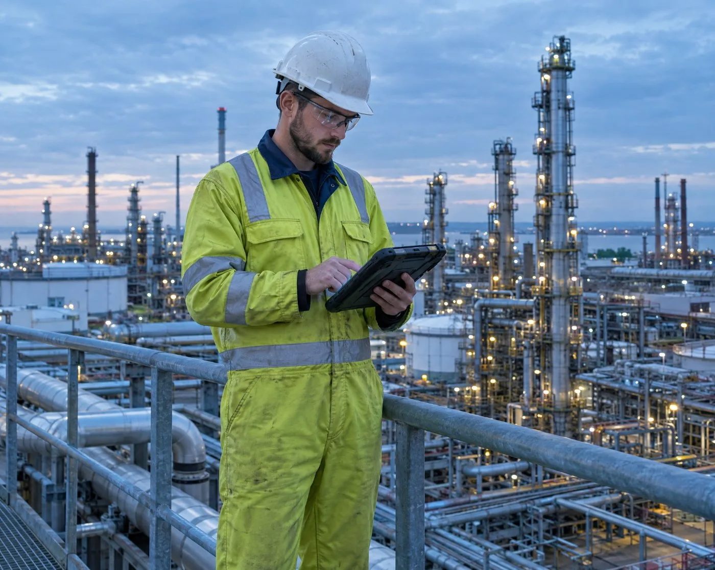 Field engineer using a tablet app at an oil refinery
