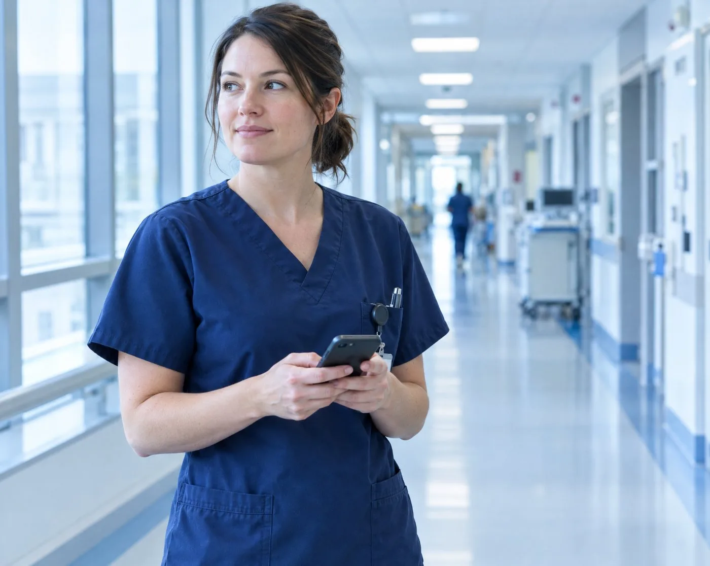 Nurse checking a patient app on her phone in a hospital corridor