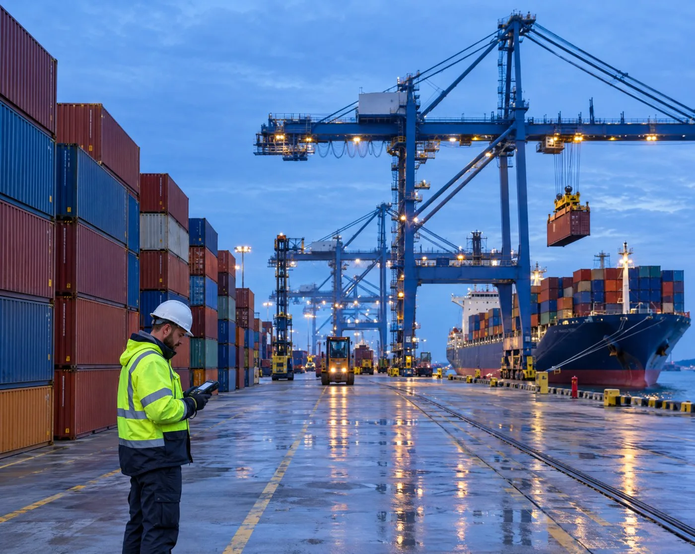 Port worker tracking containers on a mobile app at a shipping terminal