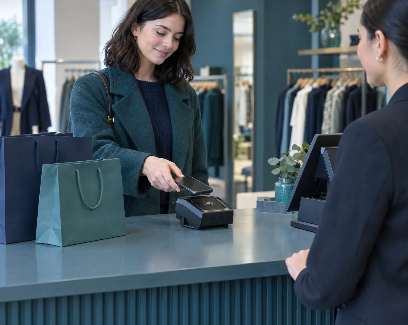 Shopper paying with her phone at a retail store checkout