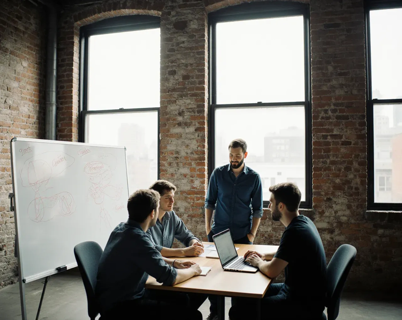 Startup team planning a product around a laptop in a brick loft office