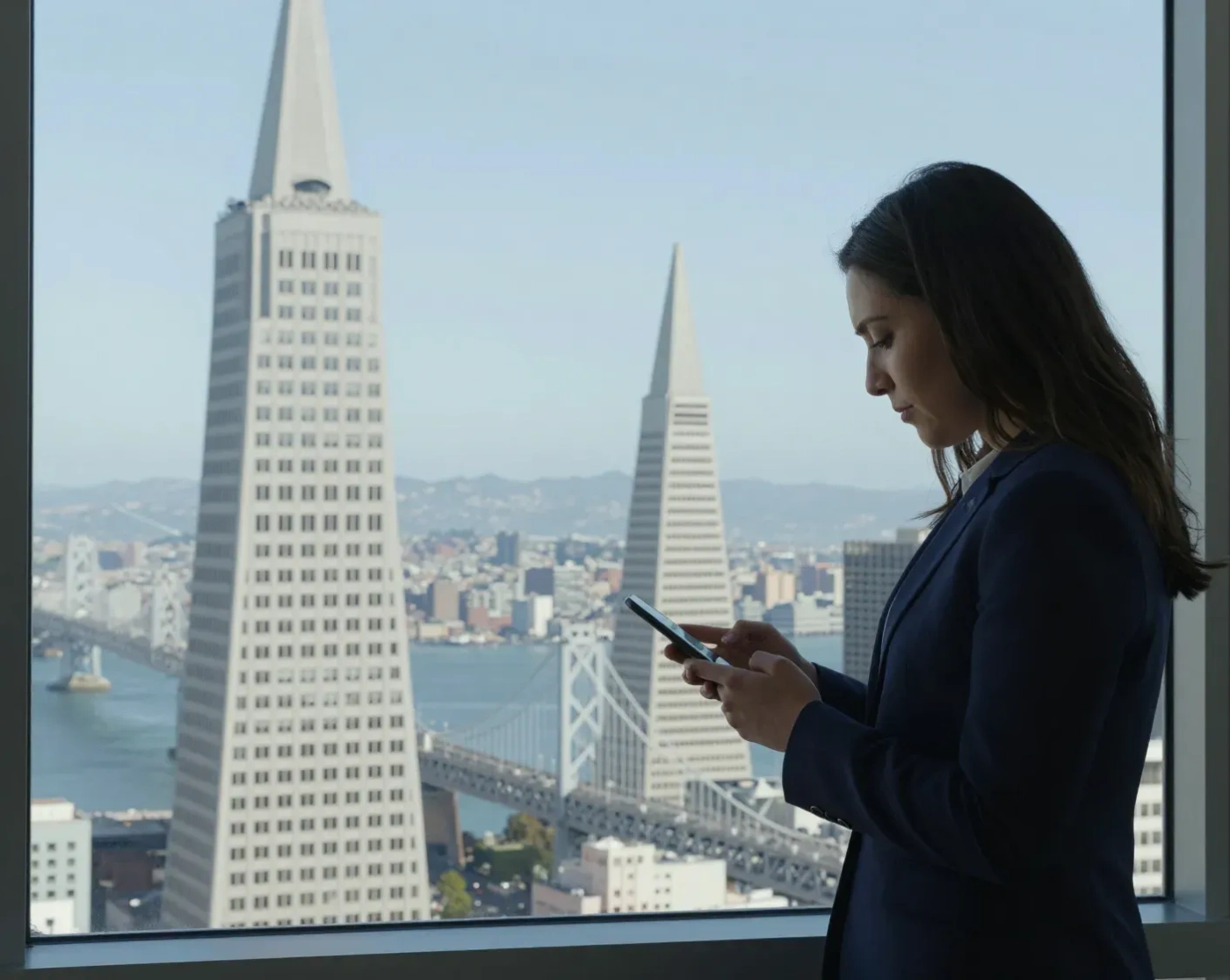 Professional checking a fintech app on her phone with the Transamerica Pyramid and Bay Bridge behind her
