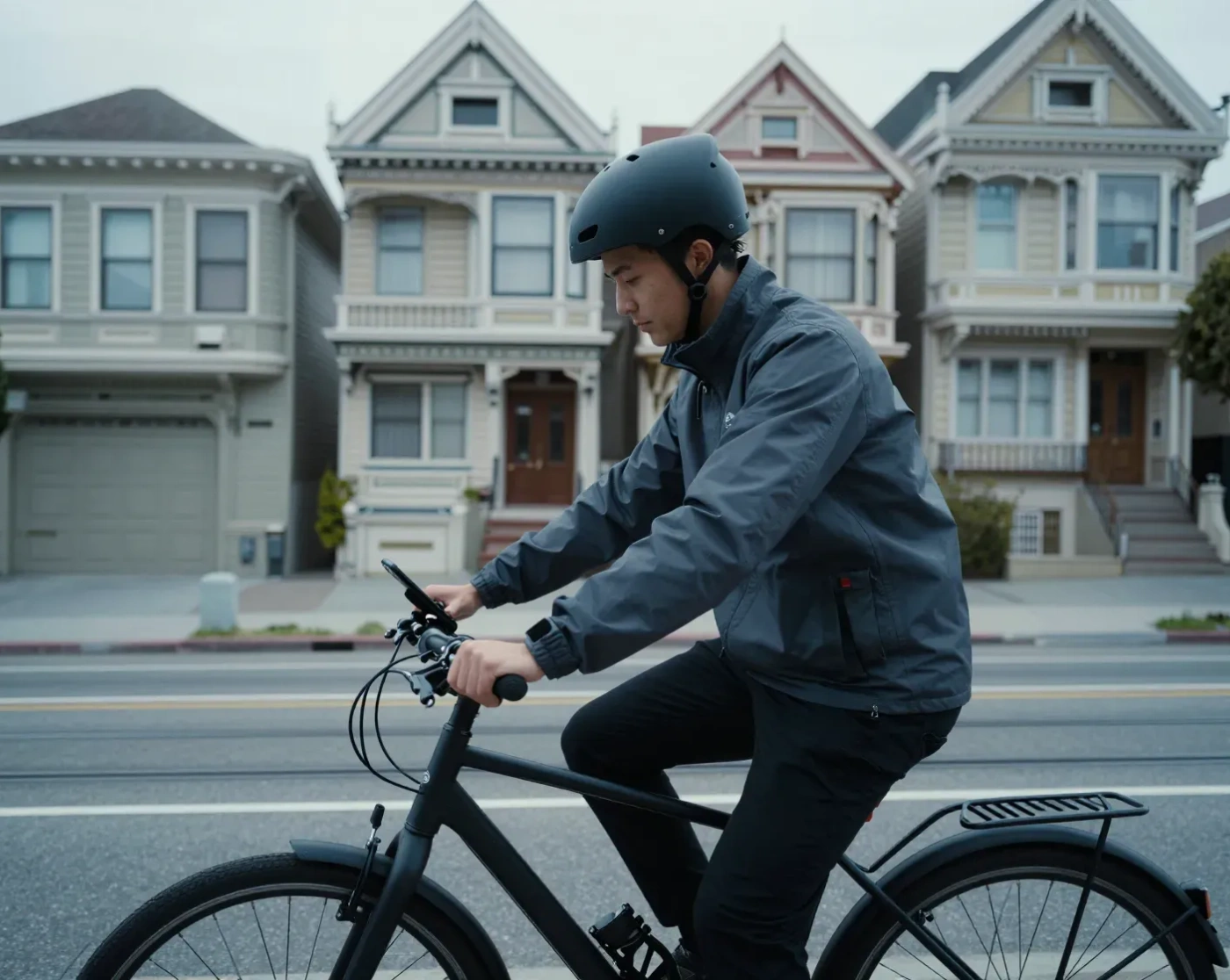 Delivery rider checking a route on his phone past San Francisco Victorian houses